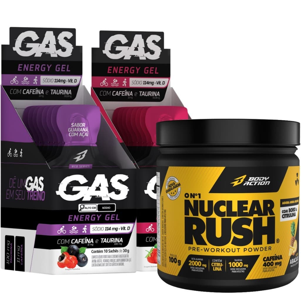 2x Gas Energy Gel 20 Sachês + Pré Treino Nuclear Rush Bodyaction