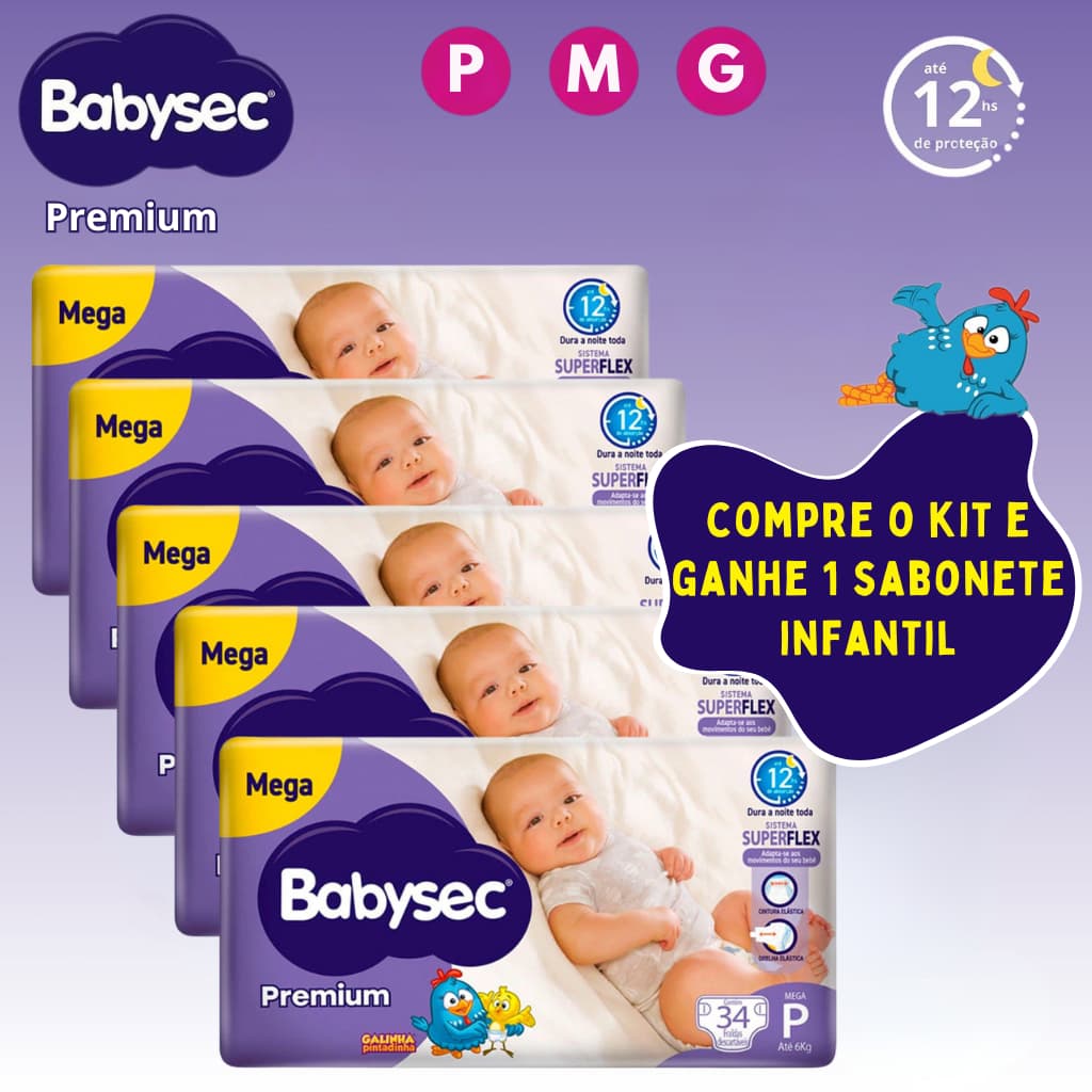 5 Pacotes Fralda Descartável Babysec Premium Infantil