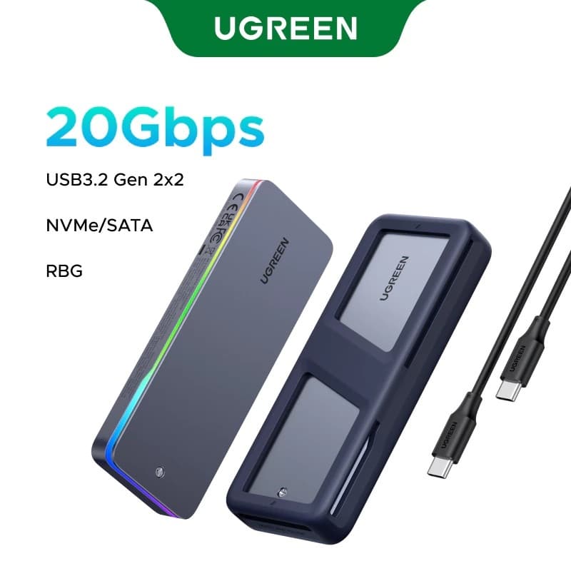 Gabinete UGREEN Case Externo RGB M.2 NVMe SATA SSD USB C 3.2 Gen 2 20 Gbps Adaptador M.2 SSD para SSDs NVME SATA