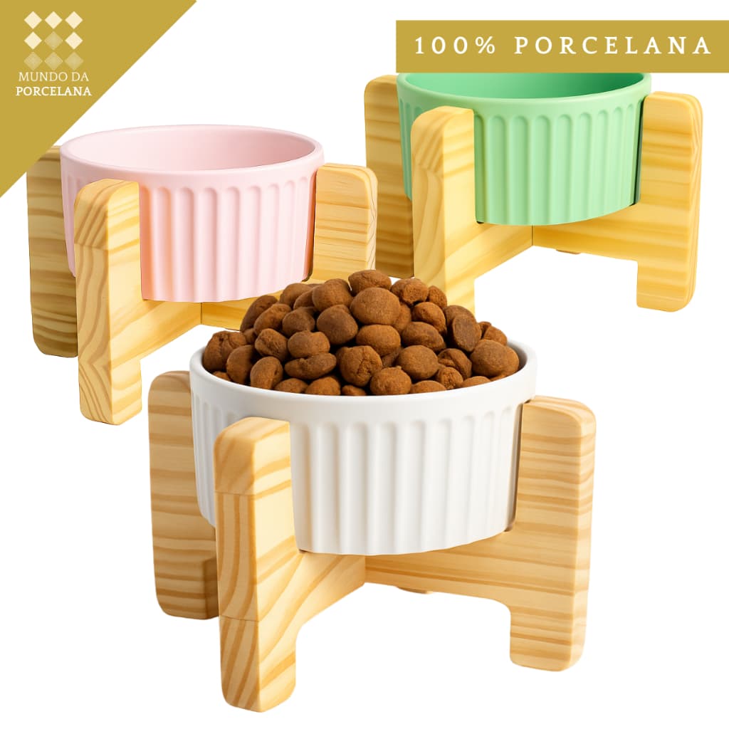 Comedouro Pet Porcelana Grande Madeira Ergonômico Gato Cachorro Raçao Agua