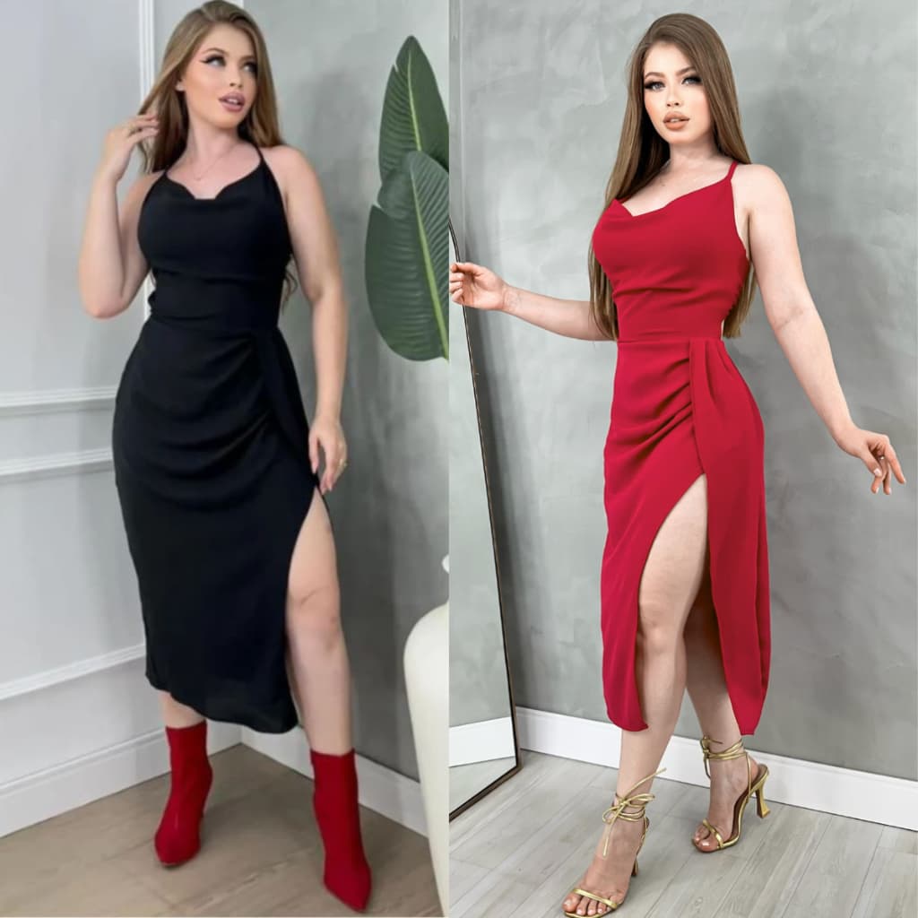 Vestido Midi Feminino Duna Fenda Lateral, Costas Aberta Elegante Festa e Sensual