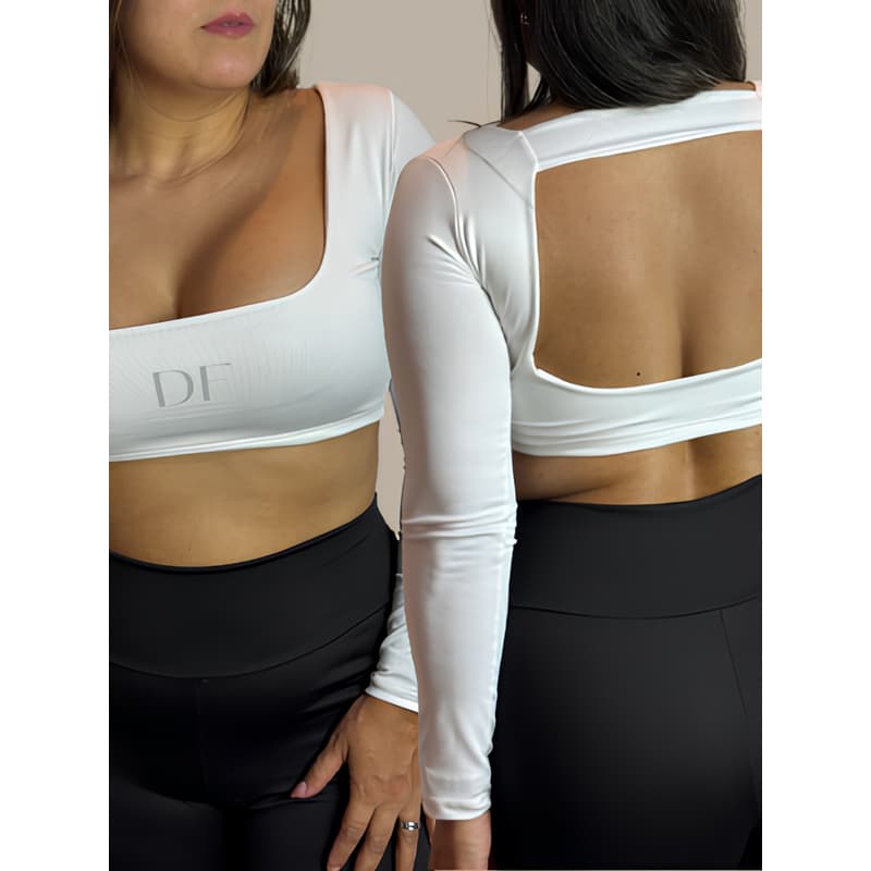 Cropped Feminino Decotado Manga Longa Suplex Liso Costas Nua Fitness Academia