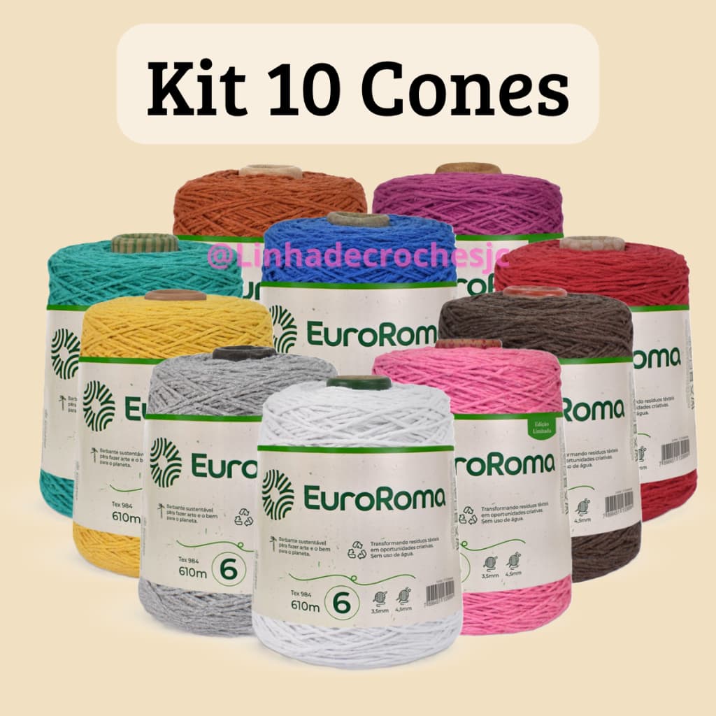 Barbante Euroroma Kit 10 Cones Fio Numero 4, 6 Para Crochê