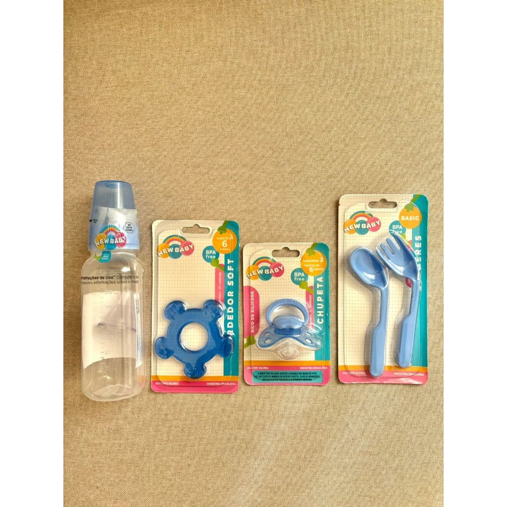 Kit Completo para Bebê – Mamadeira 240ml , Chupeta, Mordedor e Talheres, Minino e Menina