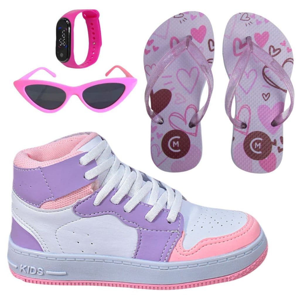Tênis Infantil Feminino Botinha Cano Alto Meninas Escolar Confortável + Óculos Relógio Chinelo
