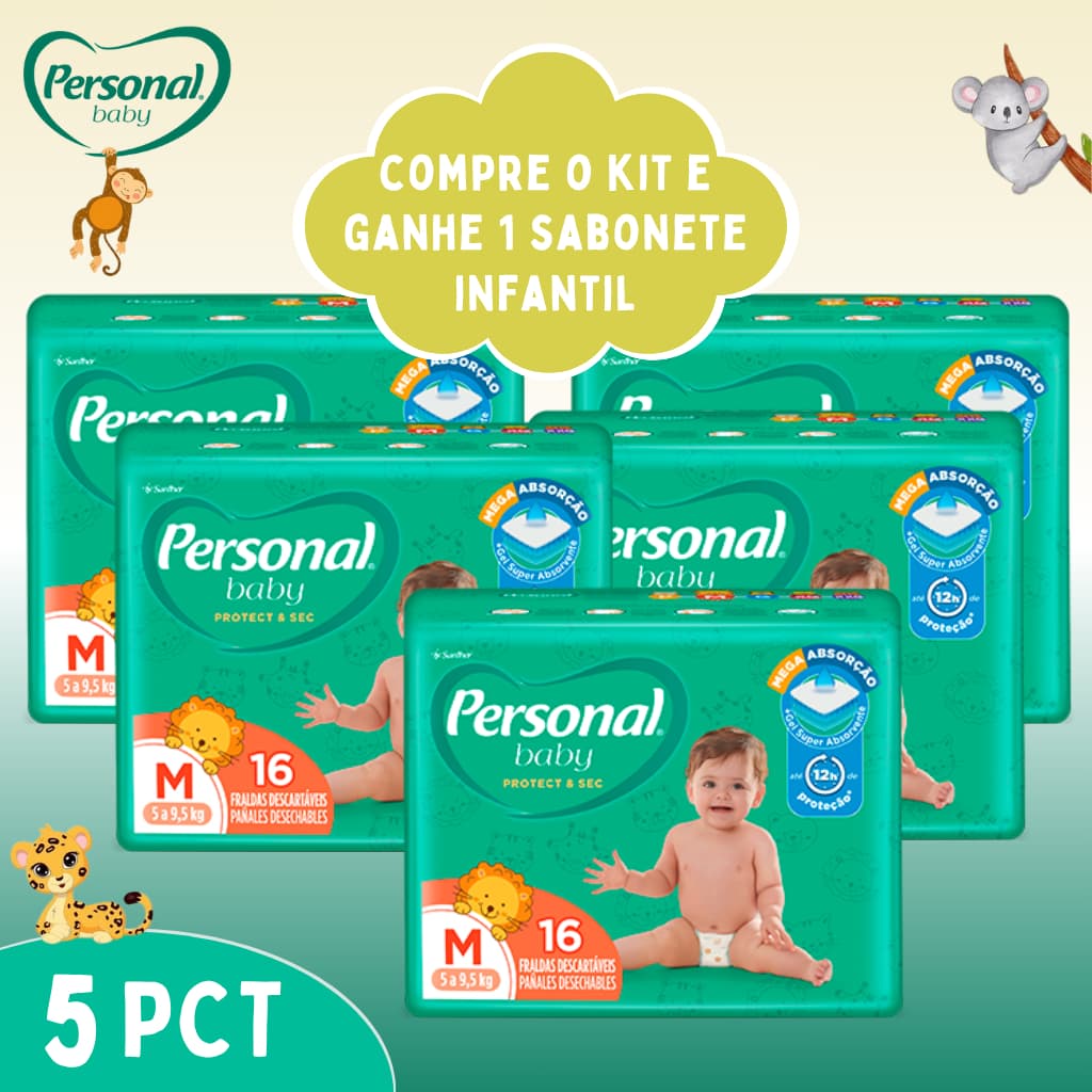 Kit 5 Pacote Fralda Descartável Personal Baby Protect e Sec Jumbinho