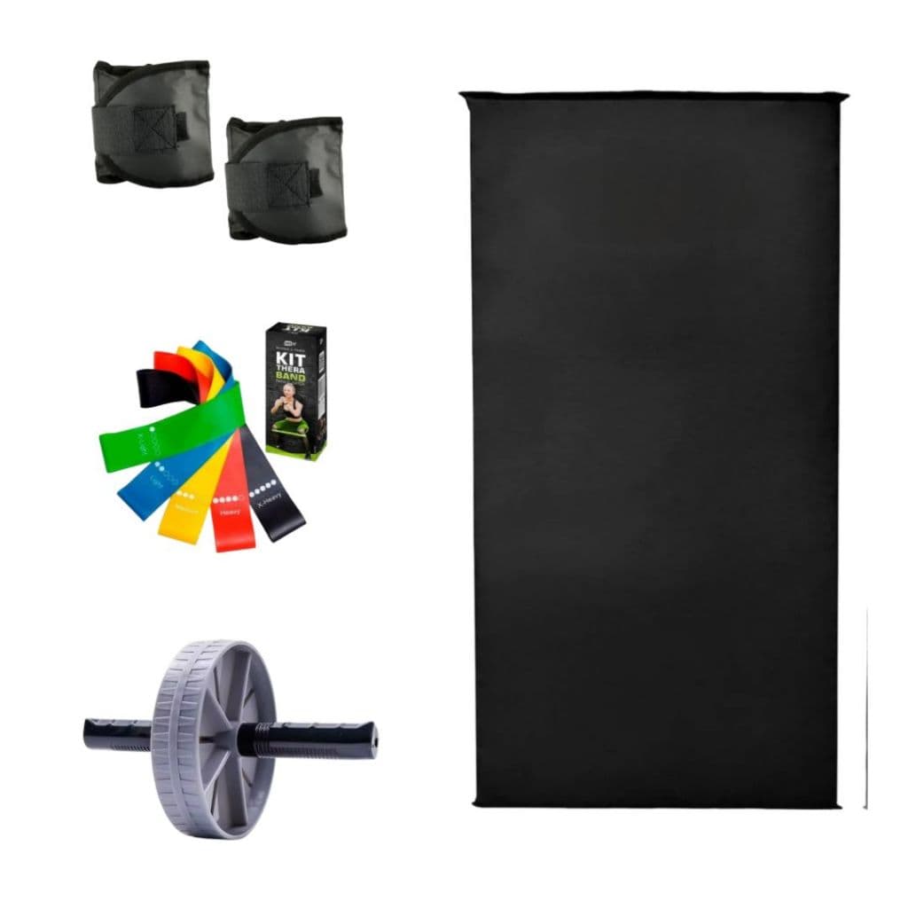 Kit Treino Funcional Completo Par Caneleira 1 Kg + Roda Abdominal + Kit Theraband + Colchonete Academia
