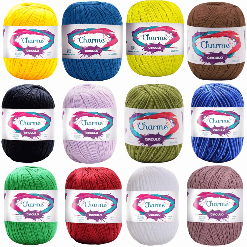Kit 12 Novelos Linha Charme 396 Metros 150 Gramas Fio Algodão Circulo Crochê Tricô Amigurumi Roupas