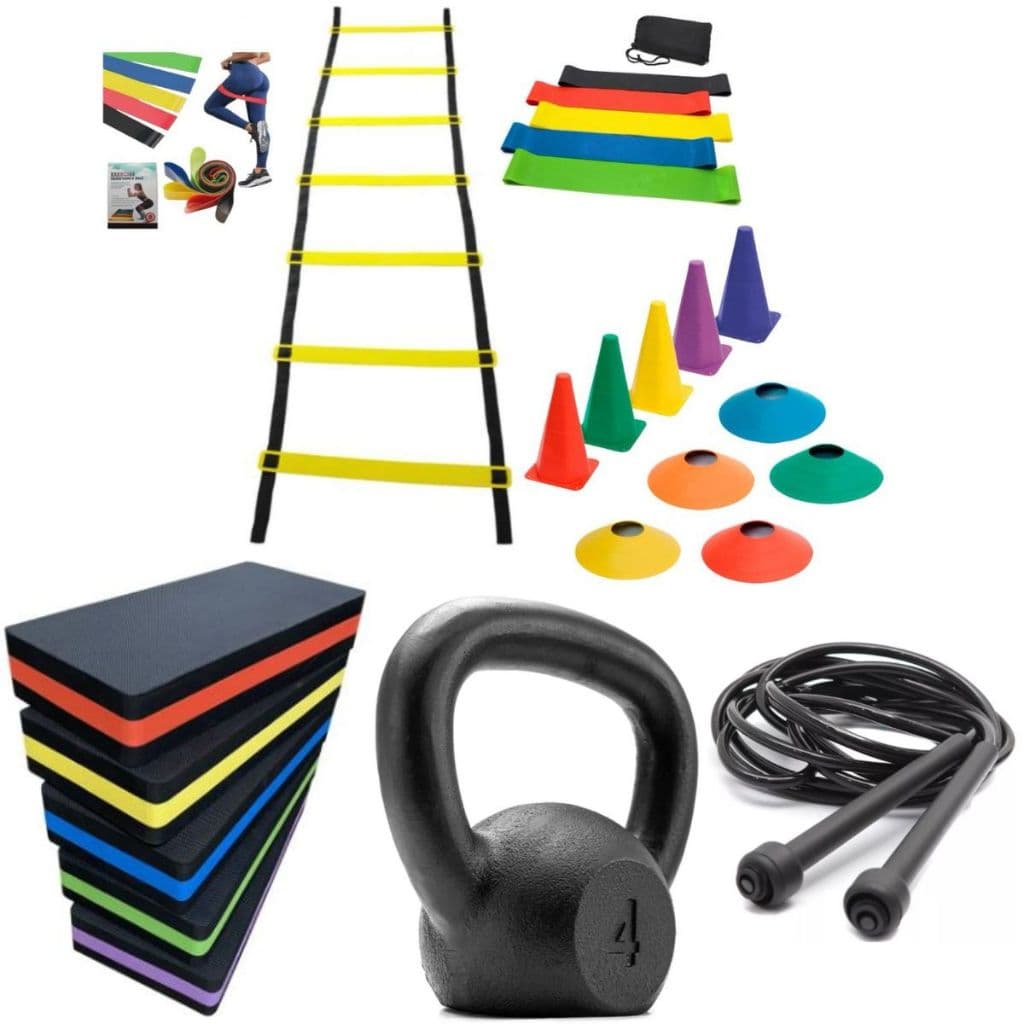 Combo Treino Funcional Agilidade 1 Step Grande 1 Kit Miniband 1 Corda 1 Kettlebel 4kg Pintado