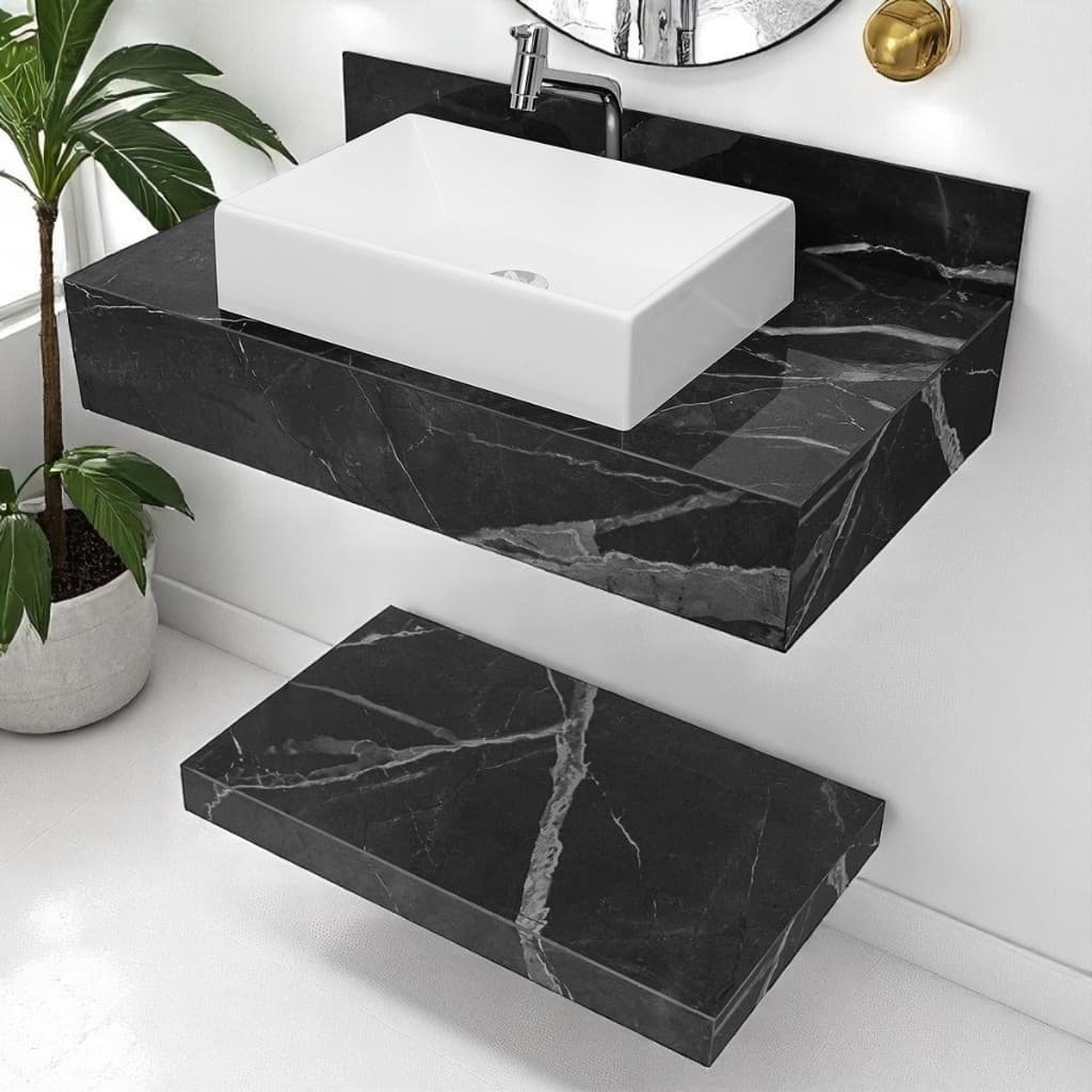 Kit Completo Bancada Cuba Sobreposta Banheiro Calacata Black em Porcelanato 62x36x11