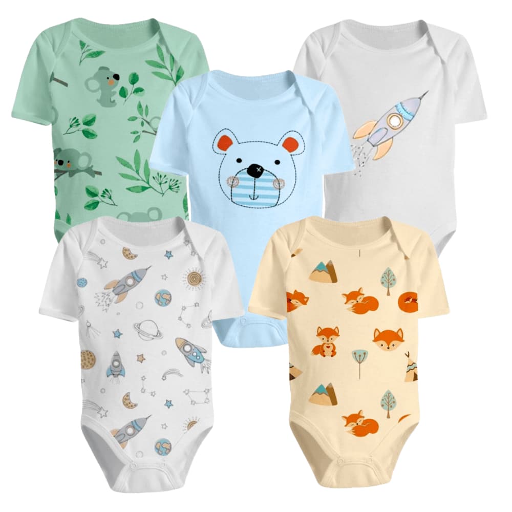 Kit 5 Bodys Estampado Roupa Bebê Manga Curta Menino e Menina