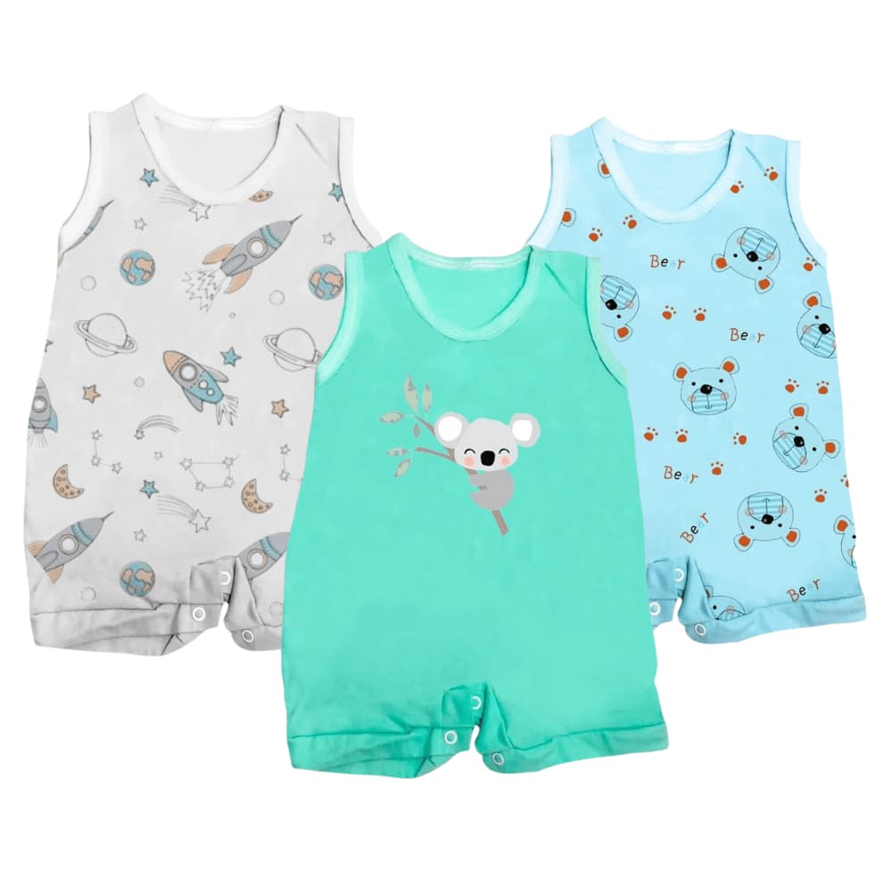 Kit 3 Peças Macaquinho Bebê Regata Estampado Enxoval Verão