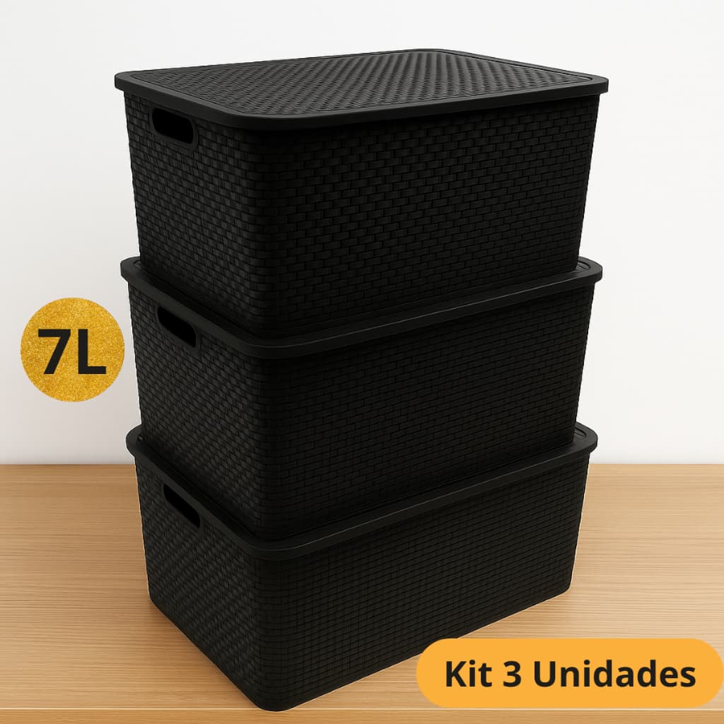 Kit 3 Caixa Organizadora Rattan Com Tampa  7 Litros Multiuso Brinquedos Roupas Ferramentas Cozinha