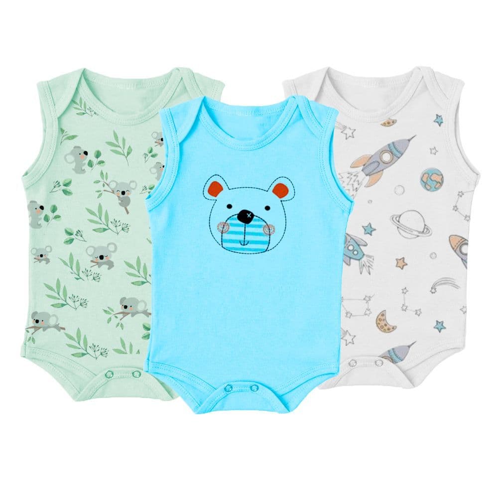 Kit 3 Peças Body Bebê Regata Estampado Algodão Enxoval Verão