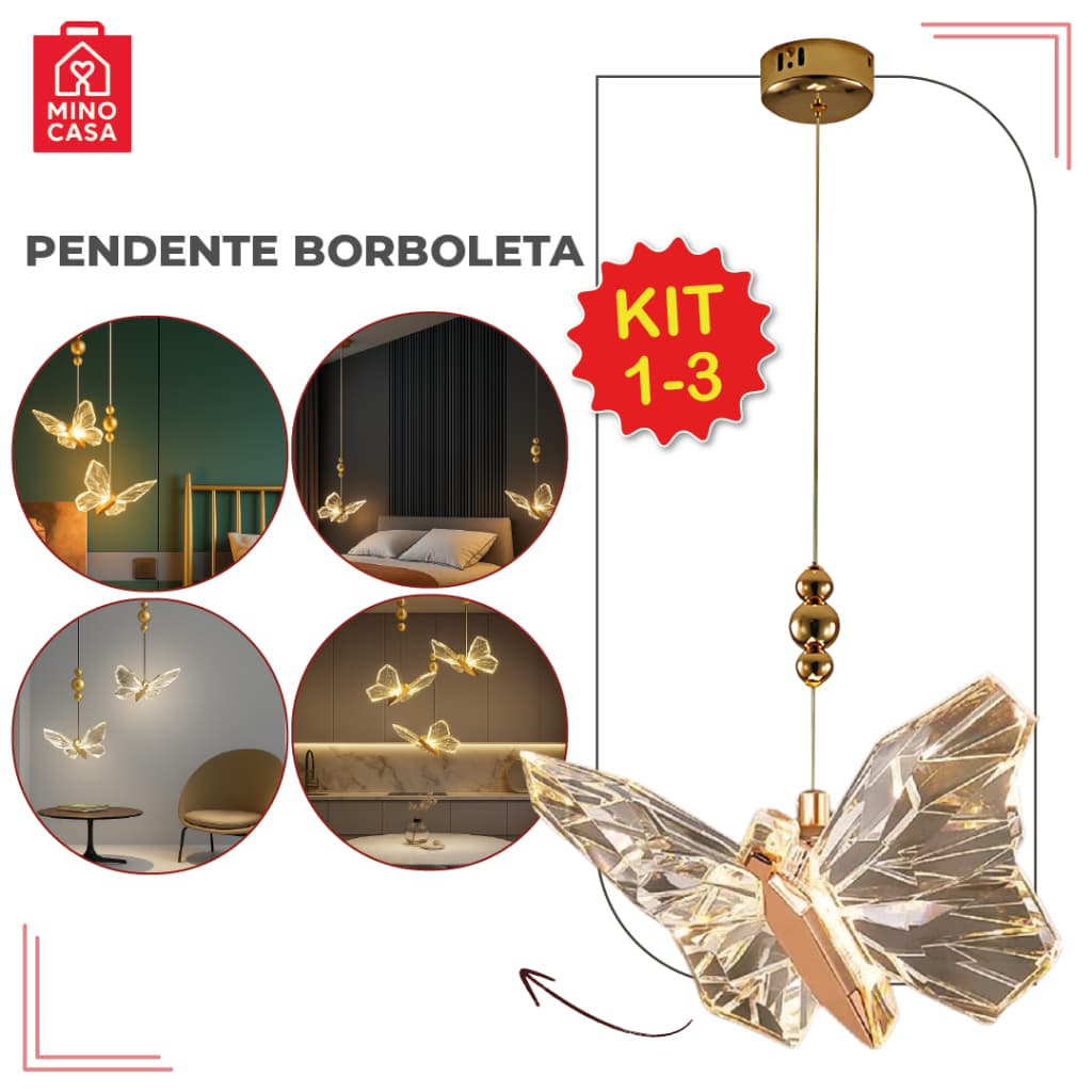 Luminária Pendente Lustre Borboleta de Luxo Cristal Dourada Moderna 3 Tons de Luz Bivolt