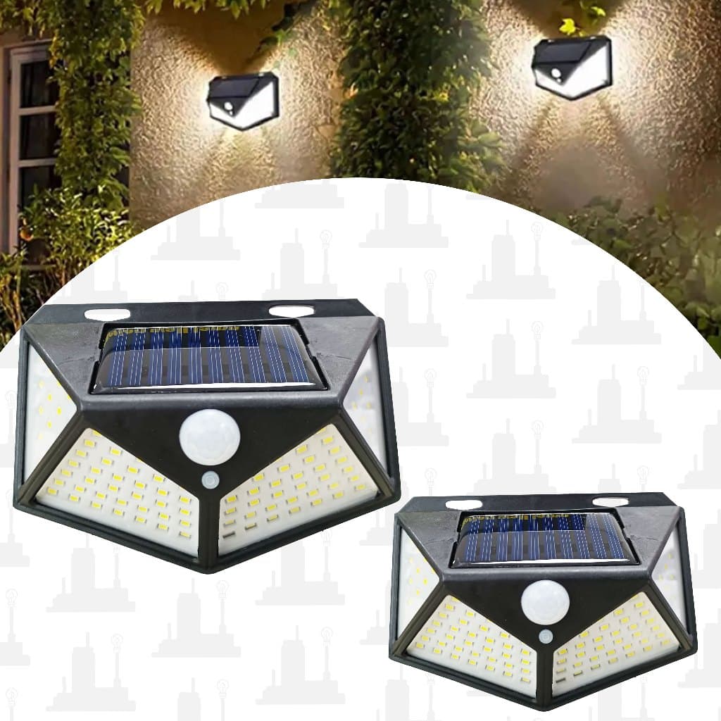 kit 2 Luminária Solar Parede 100 Leds Sensor Presença Com 3 Funções Refletor Arandela LED FACTORY