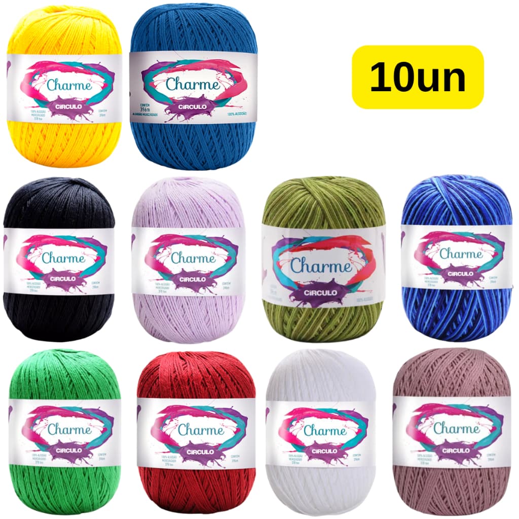 Kit 10 Linha Charme 396m 378 TEX Circulo Algodão Crochê Tricô Amigurumi Artesanato Amigurumi Rendas