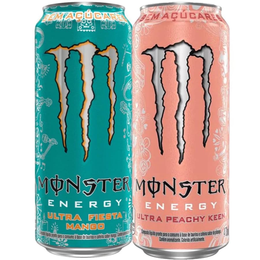 Kit Energético Monster Energy 473ml Ultra Peachy Keen + Ultra Fiesta Mango Lata Sem Açúcar Zero Calorias Pack Fardo