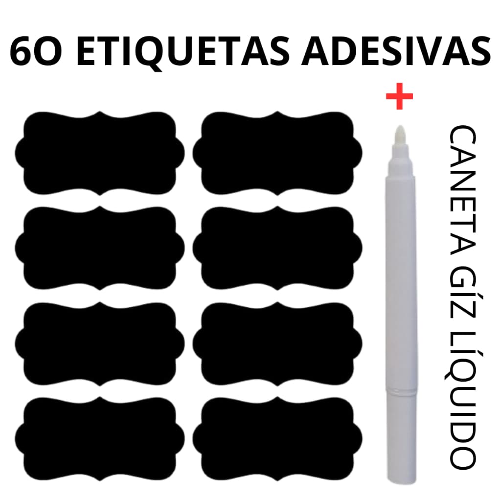 60 Etiquetas Adesivas Lousa Preta + Caneta Giz Liquido Branca Temperos Pote
