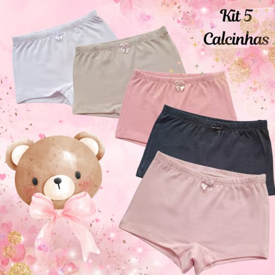 Kit 5 Calcinhas Box Boxer Menina Infantil Cotton Lisas Cores Delicadas Cueca Tapa Fralda Desfralde