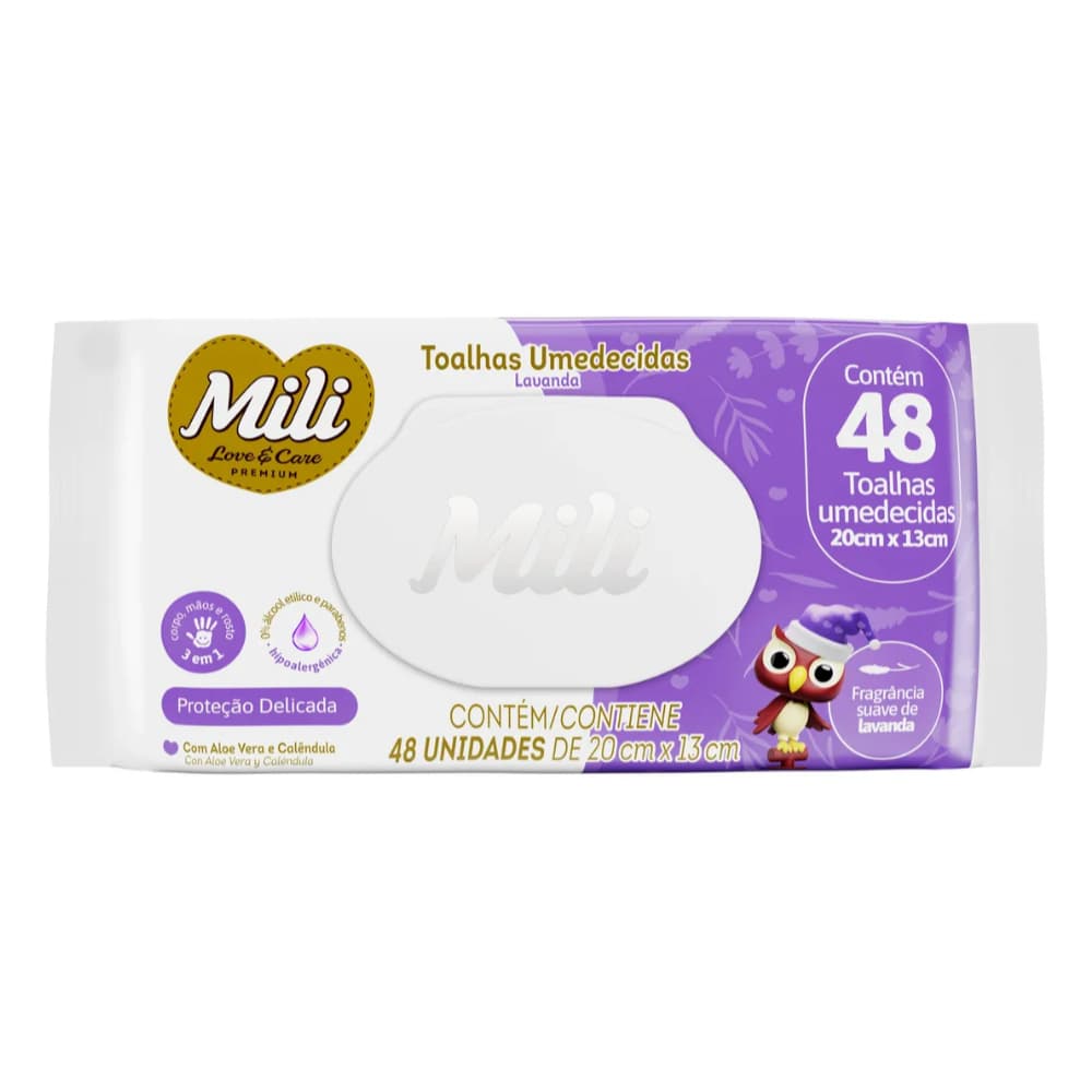 Lenços Umedecidos Lavanda Mili Premium 48 Unidades