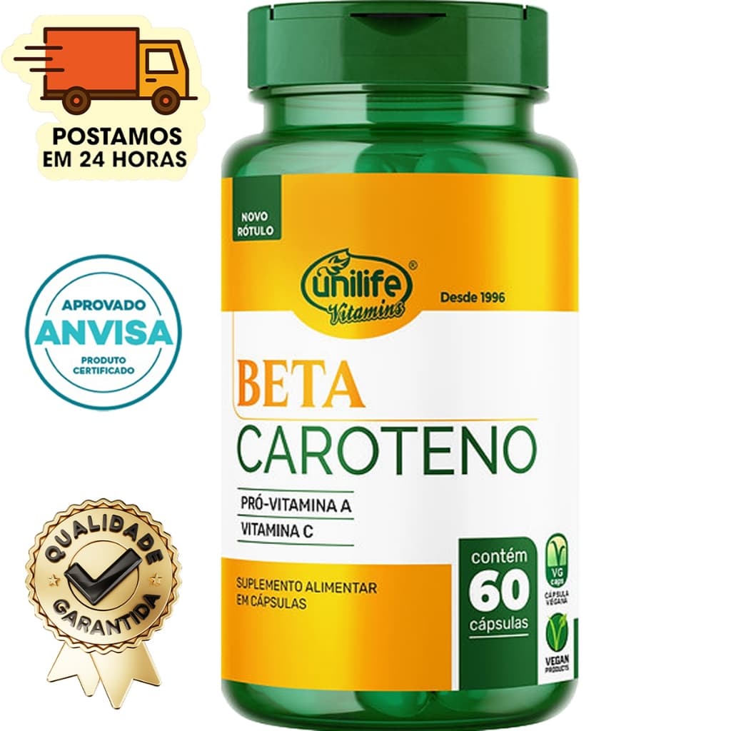 Beta Caroteno + Vitamina A + Vitamina C - 60 cápsulas 500mg - Unilife