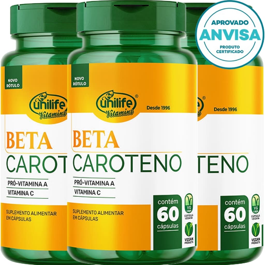 KIT 3x Beta Caroteno + Vitamina A + Vitamina C - 60 cápsulas 500mg - Unilife