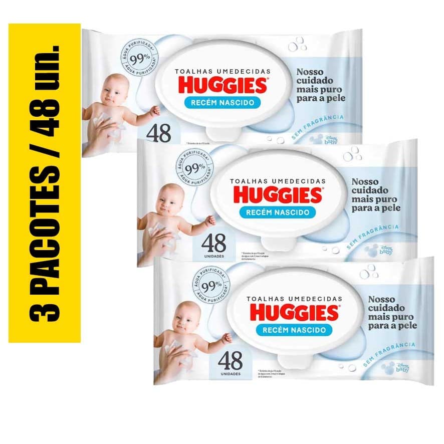 3 Un. Lenço Umedecido Huggies Baby Recém Nascido Hipoalergênico Sem Fragrância 48 unidades