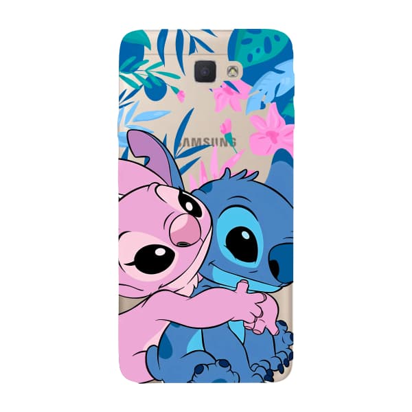 Capinha para Samsung J7 Prime 2 Anti Impacto Personalizada - Stiti Stich e Angel Abraço com fundo transparente