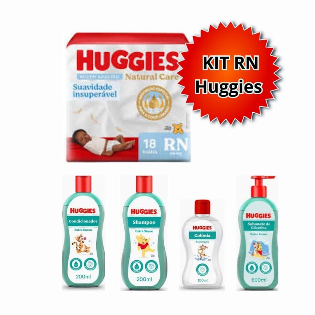 Kit Higiene Huggies RN composto por 1 pacote de fraldas e 4 produtos de higiene