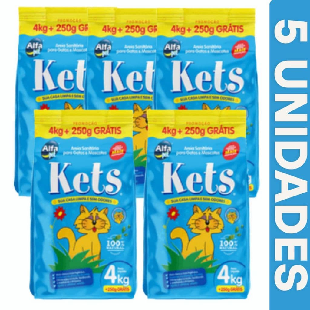 Kit 5 Areia Sanitária Kets para Gatos 4kg + 250g Grátis | Antiodor Potente, Alta Absorção e Economia