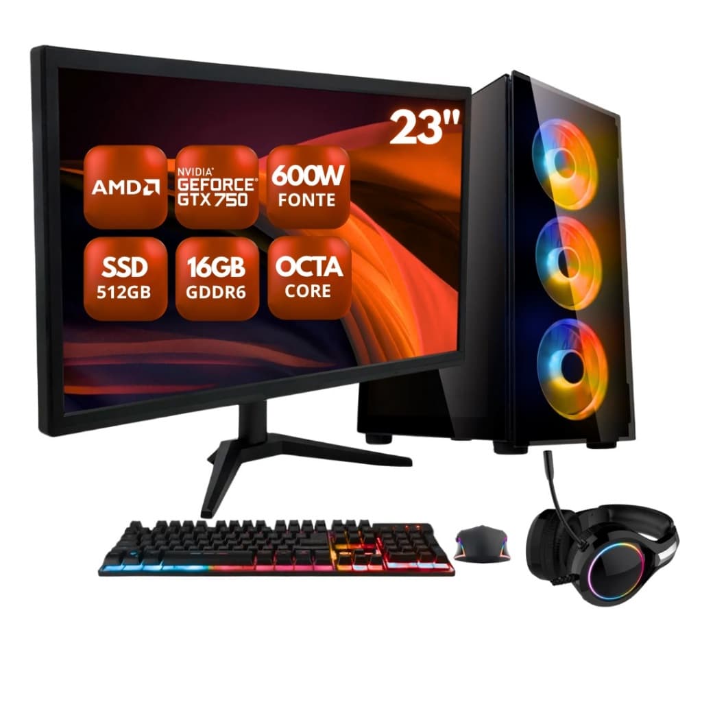 PC Gamer Completo ZEN by BluePC - AMD Ryzen 4700S, GTX 4GB, 16GB RAM, SSD 512GB, Fonte 600W, Monitor 23" 75Hz Full HD