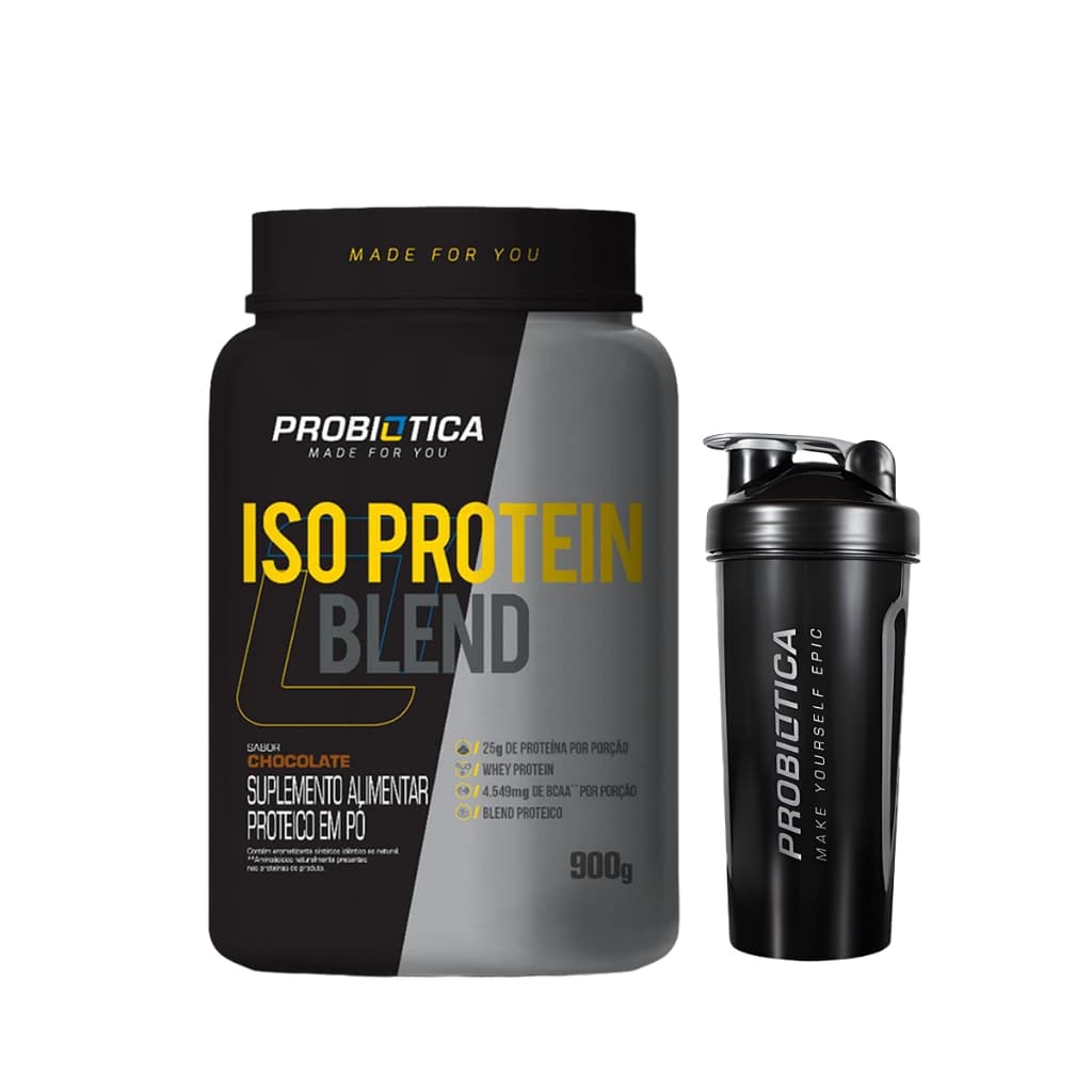 Kit Iso Protein Whey Probiótica Blend Pote 900g Chocolate + Coqueteleira 700ml