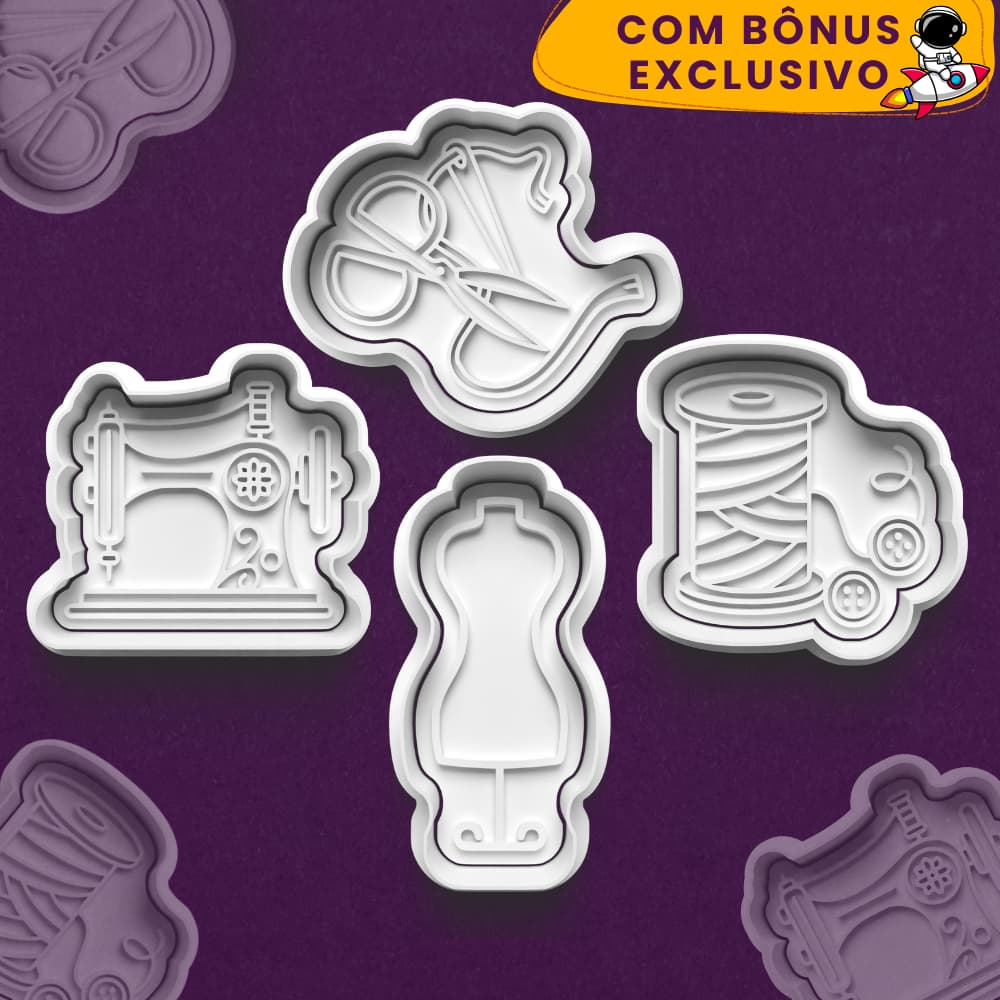 Kit 4 Cortador Marcador Biscoito Corte Costura Patchwork Manequim Tesoura Botões Máquina Tecido