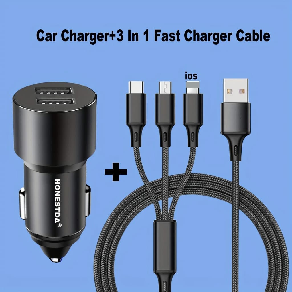 Carregador Veicular com 2 USB 3.6A + Cabo 3 em IOS Tipo C Micro USB Carregamento Turbo Fonte Carro