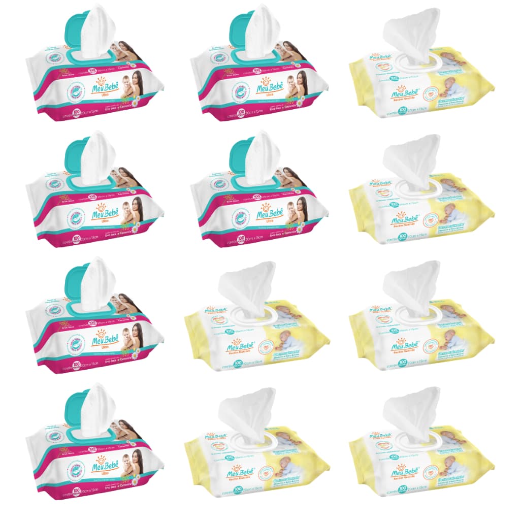 Kit Misto 1200 Folhas (12undX100fls) Toalha Umedecida Meu Bebê - Ultra e Recém Nascido