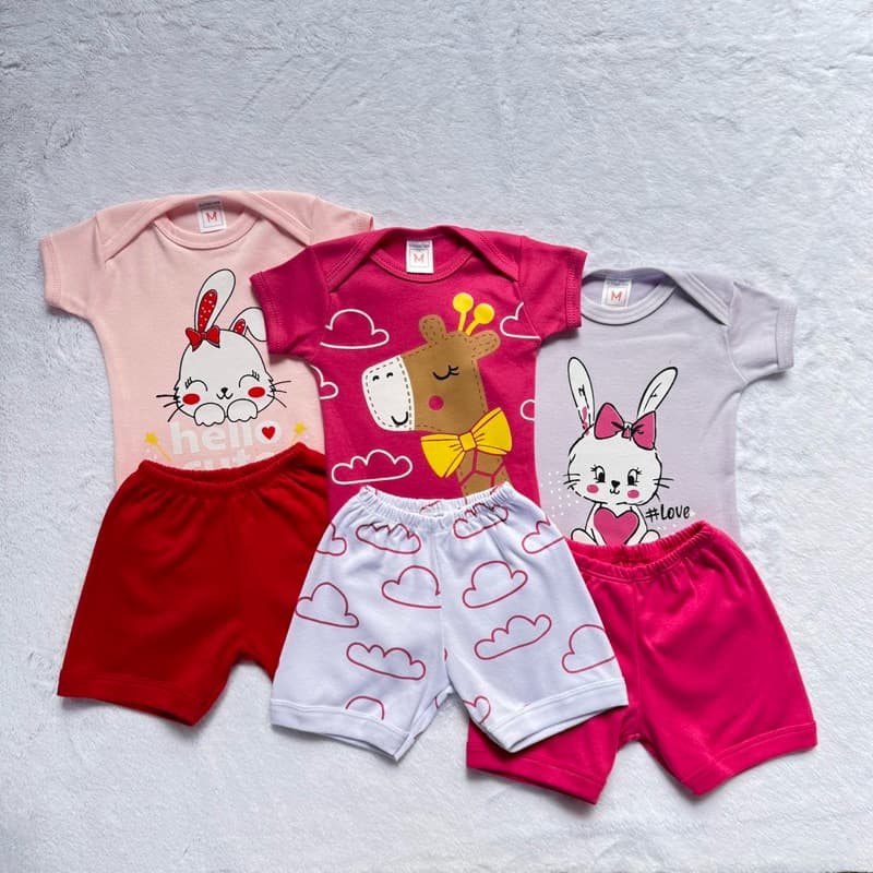 Conjunto Infantil Bebê Menina Temático (Body + Shortinho) | Suedine 100% Algodão