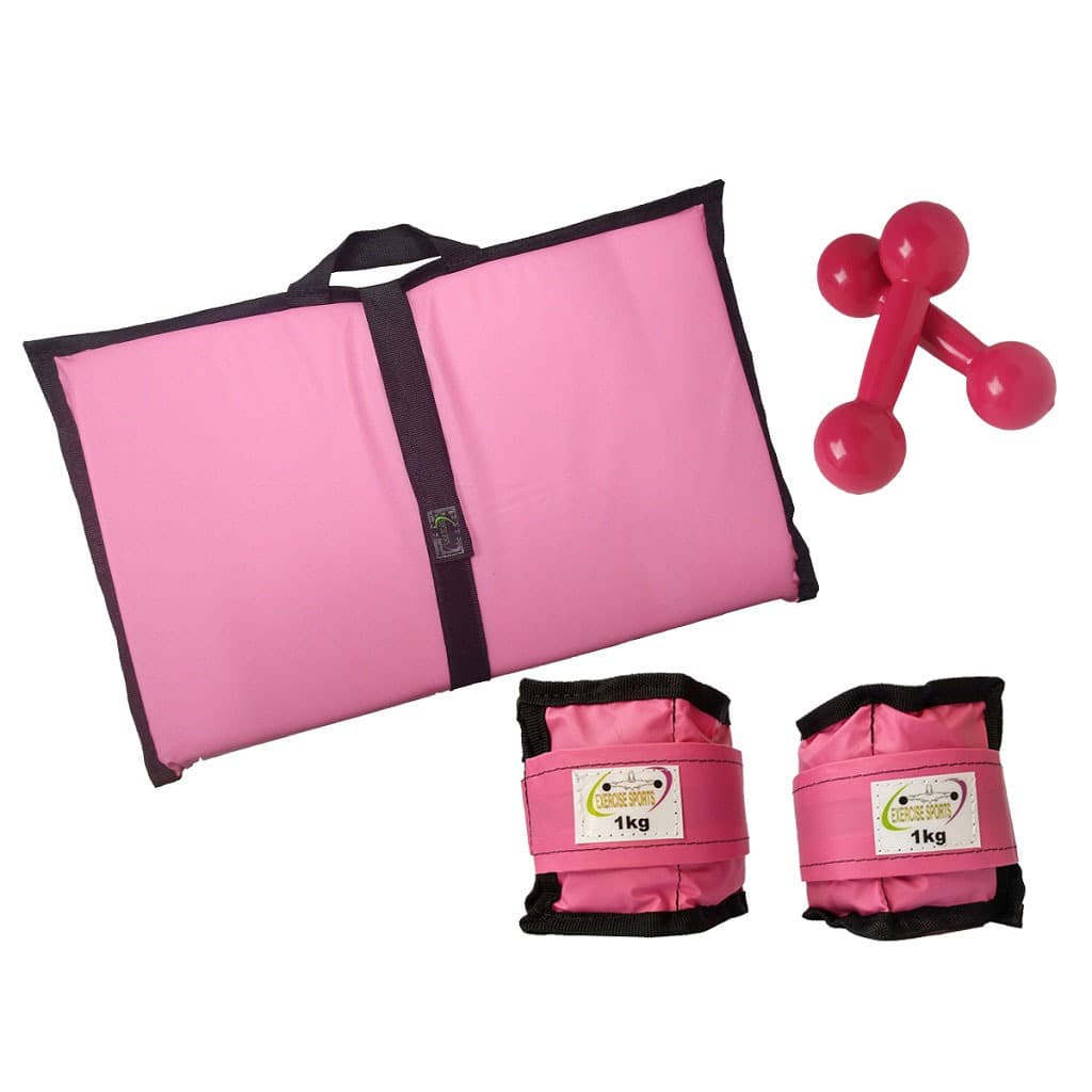 kit colchonete + tornozeleira 1kg + halteres 1kg rosa academia fisioterapia musculação