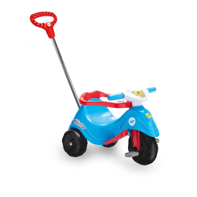 TRICICLO LELECITA MOTOCA COM PEDAL E EMPURRADOR CALESITA AZUL