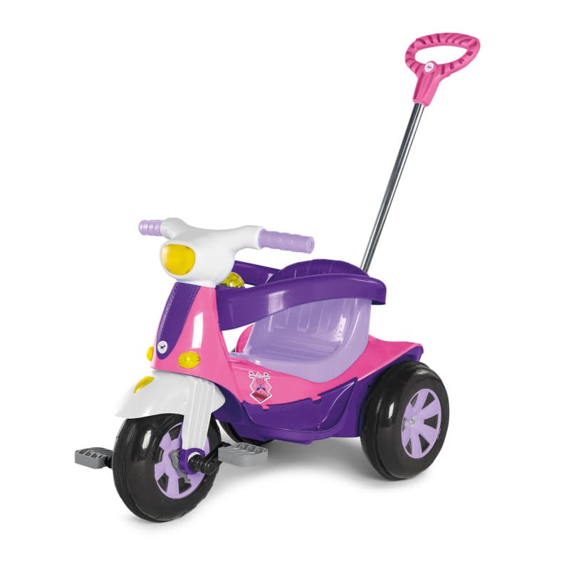 TRICICLO VELOMOTO MOTOCA INFANTIL COM PEDAL E EMPURRADOR CALESITA ROSA