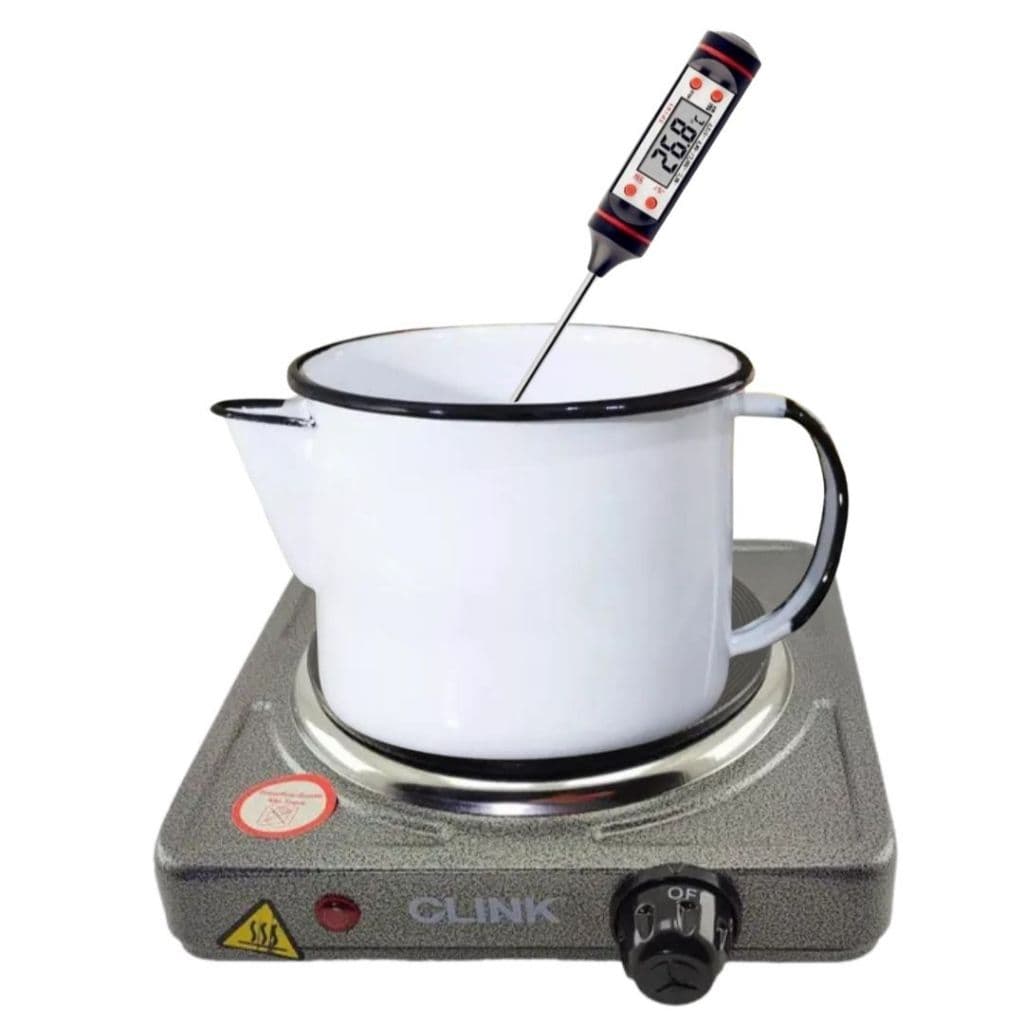 Kit Caneca branca Esmaltada 1L + Fogão preto ou Cinza Elétrico 110v + termômetro digital