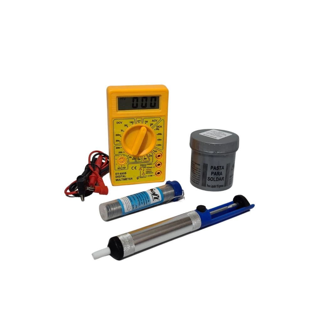 Kit Multímetro Digital Amarelo + Sugador + Pasta de Solda + Estanho 25g