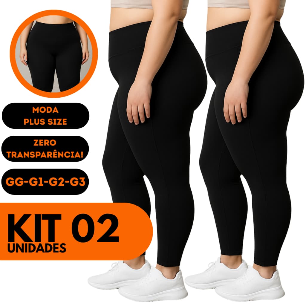Kit 02 Legging Suplex Plus Size Feminina Cós Alto Sem Transparência Fitness Academia
