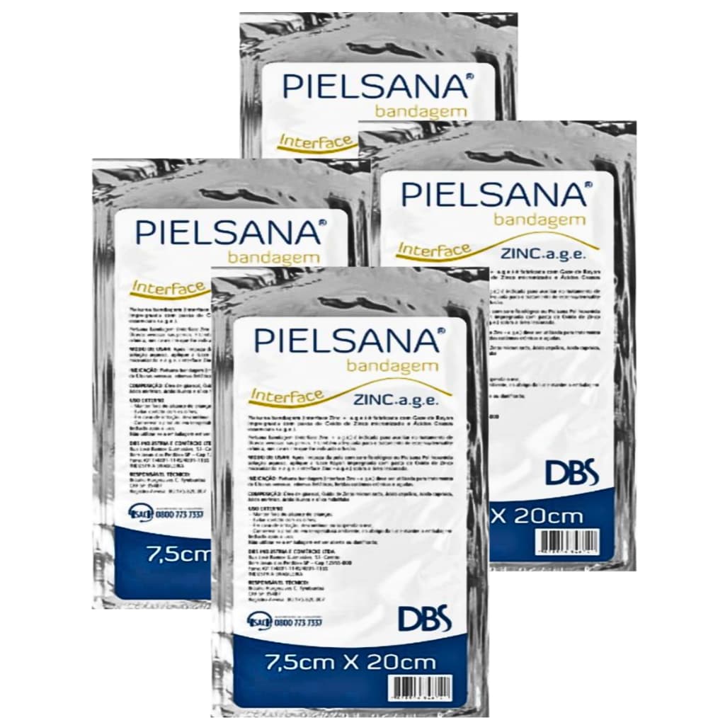 Kit 4 - Pielsana Bandagem Gaze de Rayon Zinc+Age Impregnada c/ Óxido de Zinco e Ácidos Graxos Essenciais - 7,5cm X 20cm