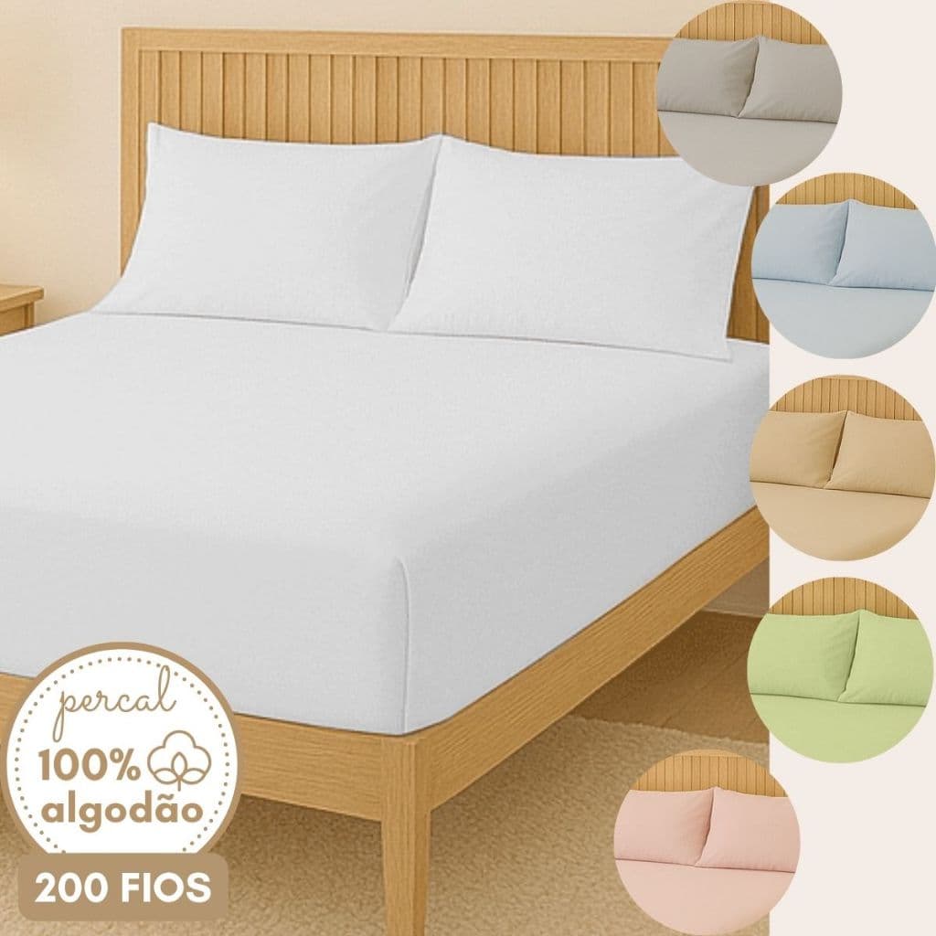 Kit Jogo de Cama Casal Lençol com Fronha Percal 200 fios 100% Algodão Queen King Cor Liso Estampado