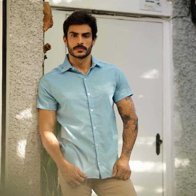 Camisa Social Masculina Manga Curta Linho Moda Slim Premium Elegante