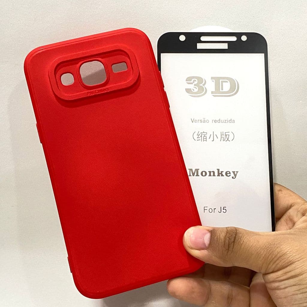 Capa J5 Borda Alta + Película 3D Kit Samsung Capinha Camera Fechada Case Protetora Celular Silicone