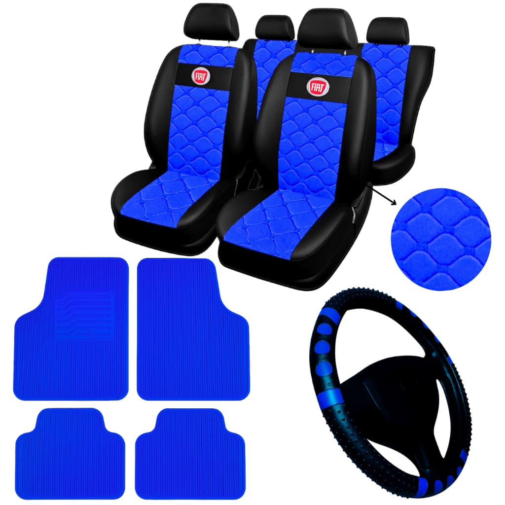 Capa Banco Carro Automotivo Fiat Uno Palio Punto Siena + Capa de Volante + tapete de carro azul