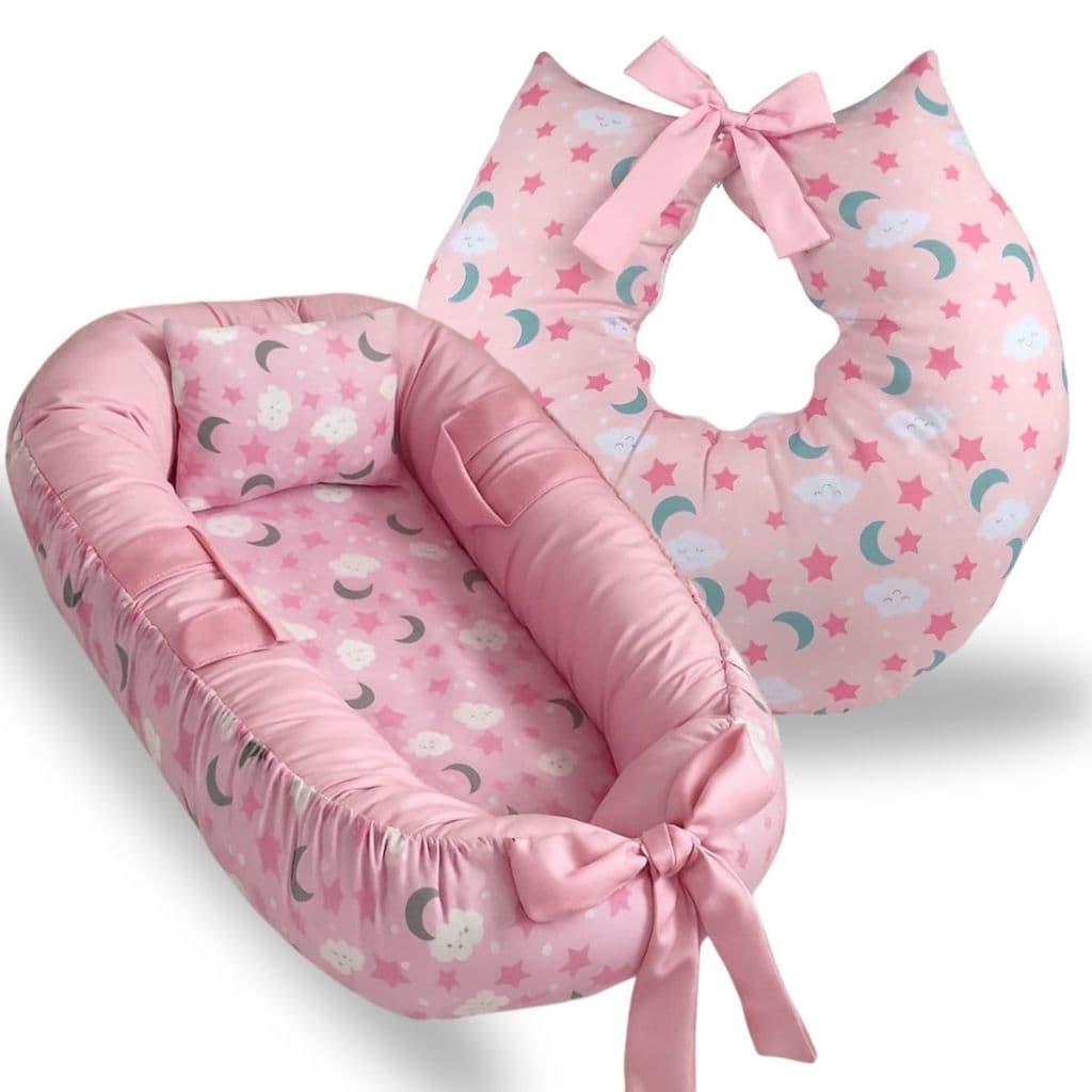 Ninho Redutor de Berço Bebe Menina Almofada Para Amamentação Kit 2 Peças Enxoval Luxo Céu Rosa