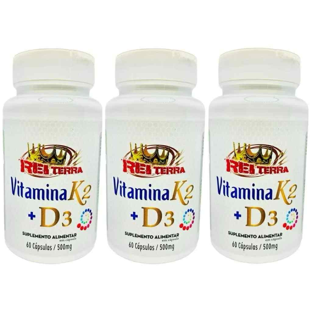 Kit 3 Un Vitamina K2 + Vitamina D3 60 Cápsulas - Sáude dos Ossos Articulações Imunidade Rei Terra